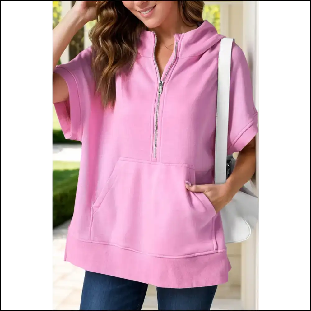 Half Zip Short Sleeve Hoodie - Pink / s - Sweatshirts & Hoodies
