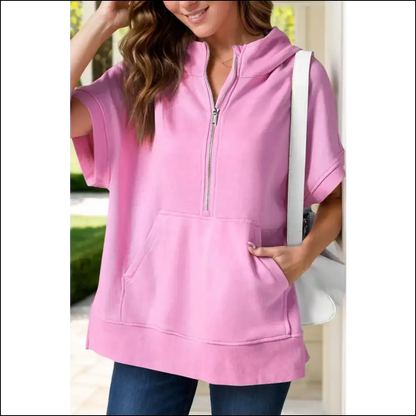 Half Zip Short Sleeve Hoodie - Pink / s - Sweatshirts & Hoodies