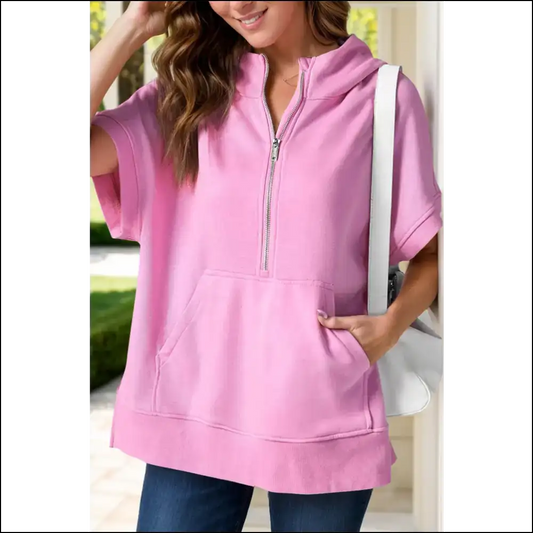 Half Zip Short Sleeve Hoodie - Pink / s - Sweatshirts & Hoodies