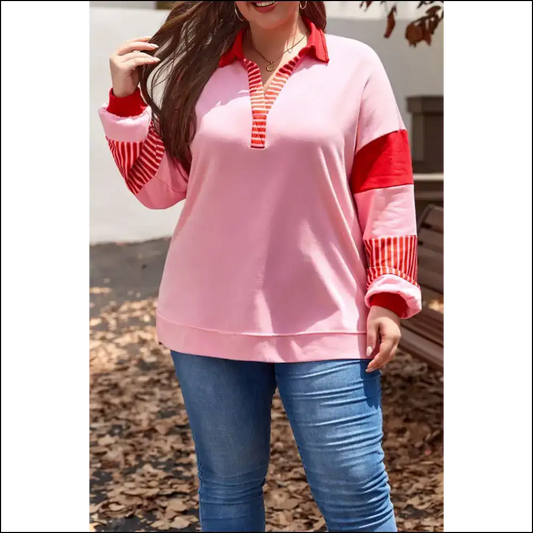 Plus Size Color Block Johnny Collar Long Sleeve Sweatshirt - Pink / 1xl - Sweatshirts & Hoodies