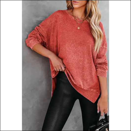 Wfle Knit Chic Slit Drop Shoulder Sweatshirt - Orange / s - Sweatshirts & Hoodies