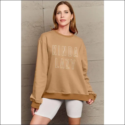 Kinda Lazy Round Neck Sweatshirt - Simply Love - Camel / m - Sweatshirts & Hoodies