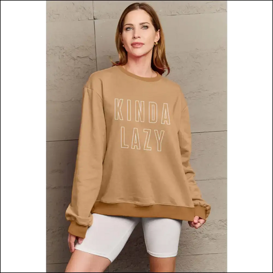 Kinda Lazy Round Neck Sweatshirt - Simply Love - Camel / m - Sweatshirts & Hoodies