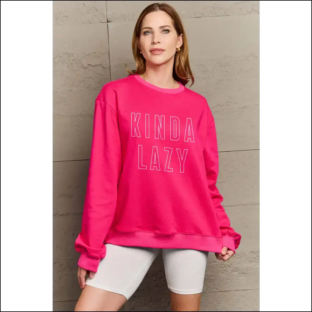 Kinda Lazy Round Neck Sweatshirt - Simply Love - Hot Pink / Xl - Sweatshirts & Hoodies
