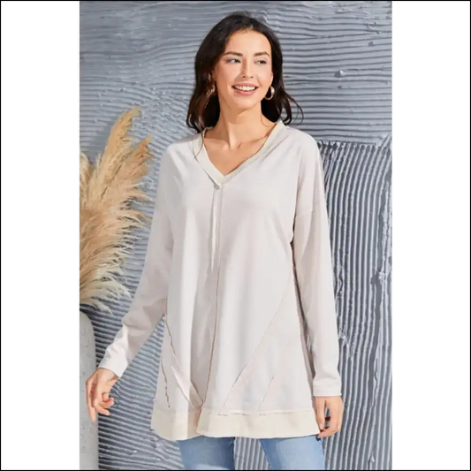 V-neck Long Sleeve Slit Sweatshirt with Exposed Seams - Sweatshirts & Hoodies