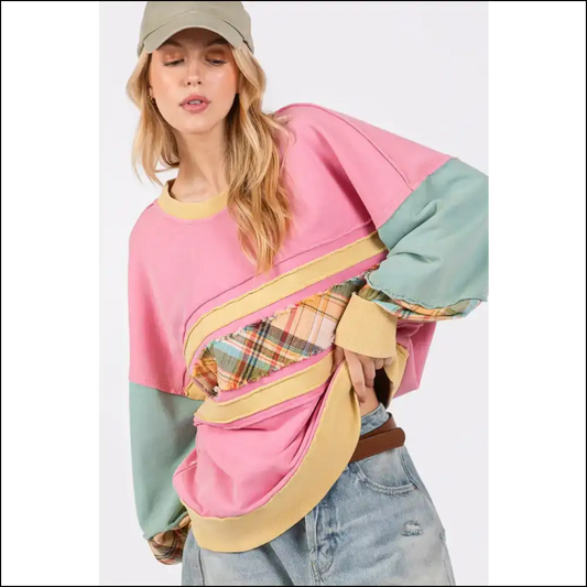Sage + Fig Color Block Mineral Wash Sweatshirt - Pink / s - Sweatshirts & Hoodies