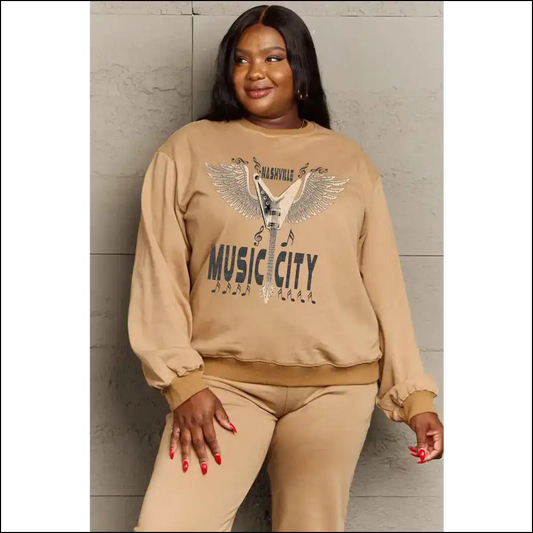 Simply Love Music City Graphic Sweatshirt - Mocha / 2xl - Sweatshirts & Hoodies