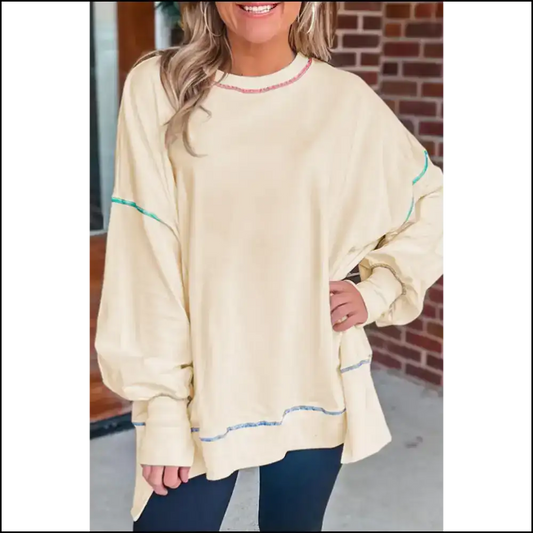 Chic White Contrast Stitch Oversized Sweatshirt: Cozy! 💀 - s - Sweatshirts & Hoodies