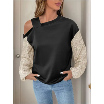 Perfee Sequin Asymmetrical Neck Long Sleeve Sweatshirt - Sweatshirts & Hoodies