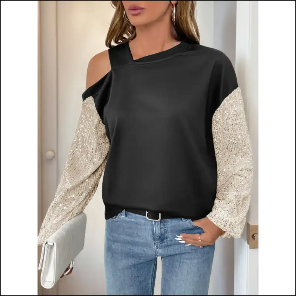 Perfee Sequin Asymmetrical Neck Long Sleeve Sweatshirt - Black / s - Sweatshirts & Hoodies
