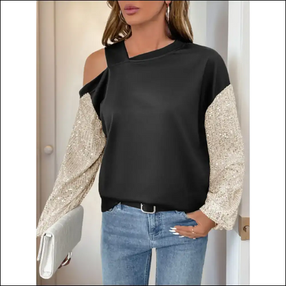 Perfee Sequin Asymmetrical Neck Long Sleeve Sweatshirt - Black / s - Sweatshirts & Hoodies