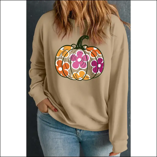 Chic Plus Size Pumpkin Graphic Sweatshirt - Khaki / 1xl - Sweatshirts & Hoodies