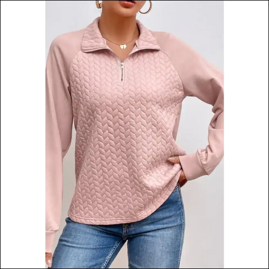 Textured Quarter Zip Long Sleeve Sweatshirt - Dusty Pink / s - Sweatshirts & Hoodies