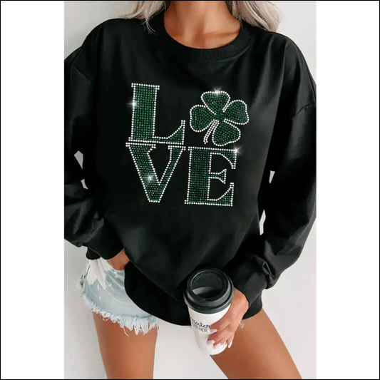 Love Rhinestone Clover Round Neck Sweatshirt - Black / s - Sweatshirts & Hoodies