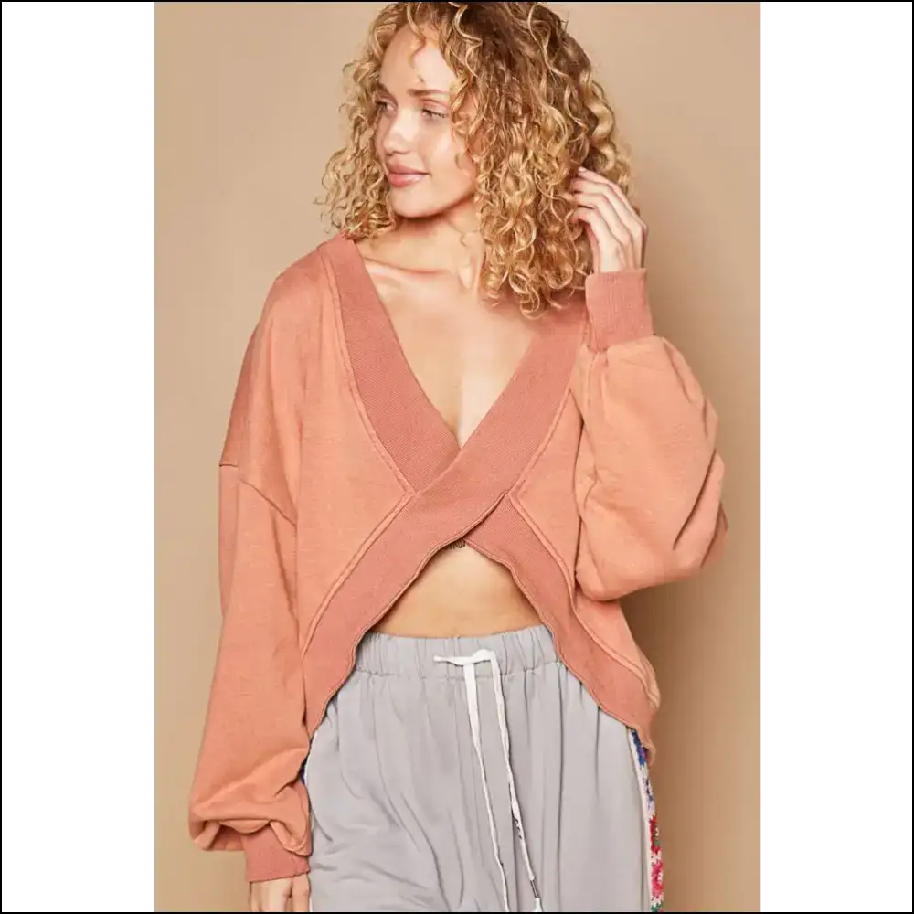 Chic V-cutout Rib Band Long Sleeve Sweatshirt - Peach / l - Sweatshirts & Hoodies