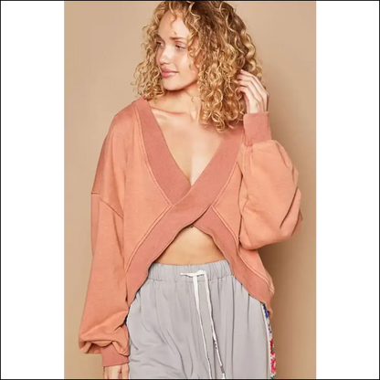 Chic V-cutout Rib Band Long Sleeve Sweatshirt - Peach / l - Sweatshirts & Hoodies