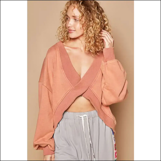 Chic V-cutout Rib Band Long Sleeve Sweatshirt - Peach / l - Sweatshirts & Hoodies