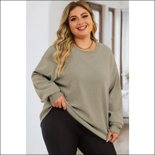 Chic Plus Size Round Neck Dropped Shoulder Sweatshirt - Sage / 1xl - Sweatshirts & Hoodies
