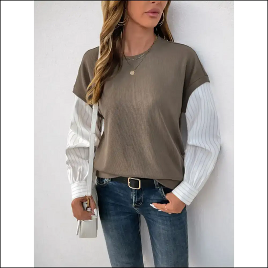 Perfee Chic Round Neck Striped Sleeve Sweatshirt - Mocha / s - Sweatshirts & Hoodies