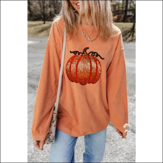 Sequin Pumpkin Long Sleeve Sweatshirt - Bronze / s - Sweatshirts & Hoodies