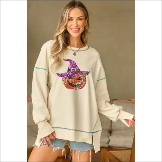 Sequin Pumpkin Round Neck Sweatshirt with Contrast Stitching - Ivory / s - Sweatshirts & Hoodies