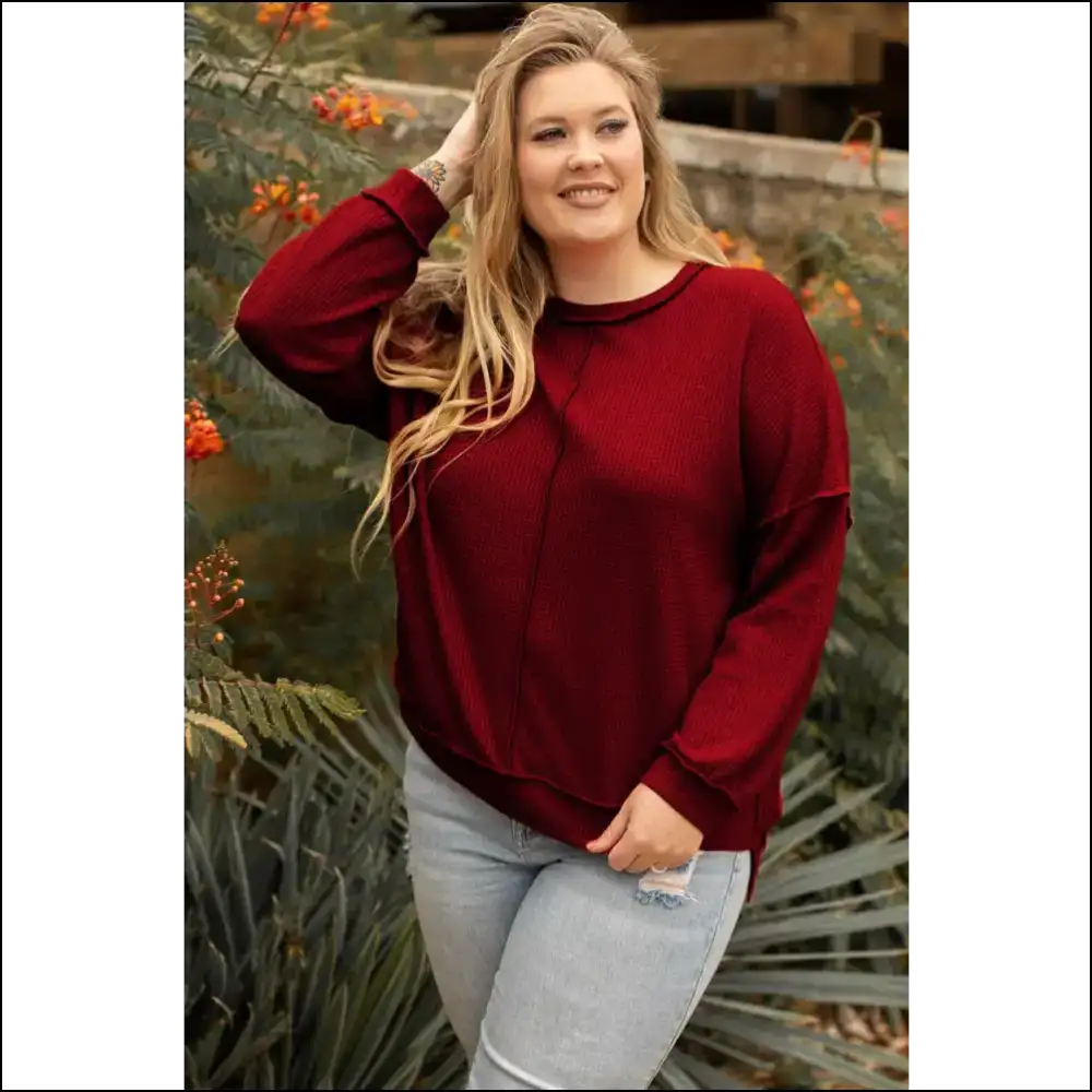 Chic Plus Size Exposed Seam Wfle-knit High-low Sweatshirt - Sweatshirts & Hoodies