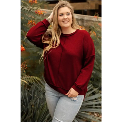 Chic Plus Size Exposed Seam Wfle-knit High-low Sweatshirt - Sweatshirts & Hoodies