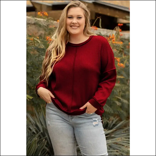 Chic Plus Size Exposed Seam Wfle-knit High-low Sweatshirt - Burgundy / 1xl - Sweatshirts & Hoodies