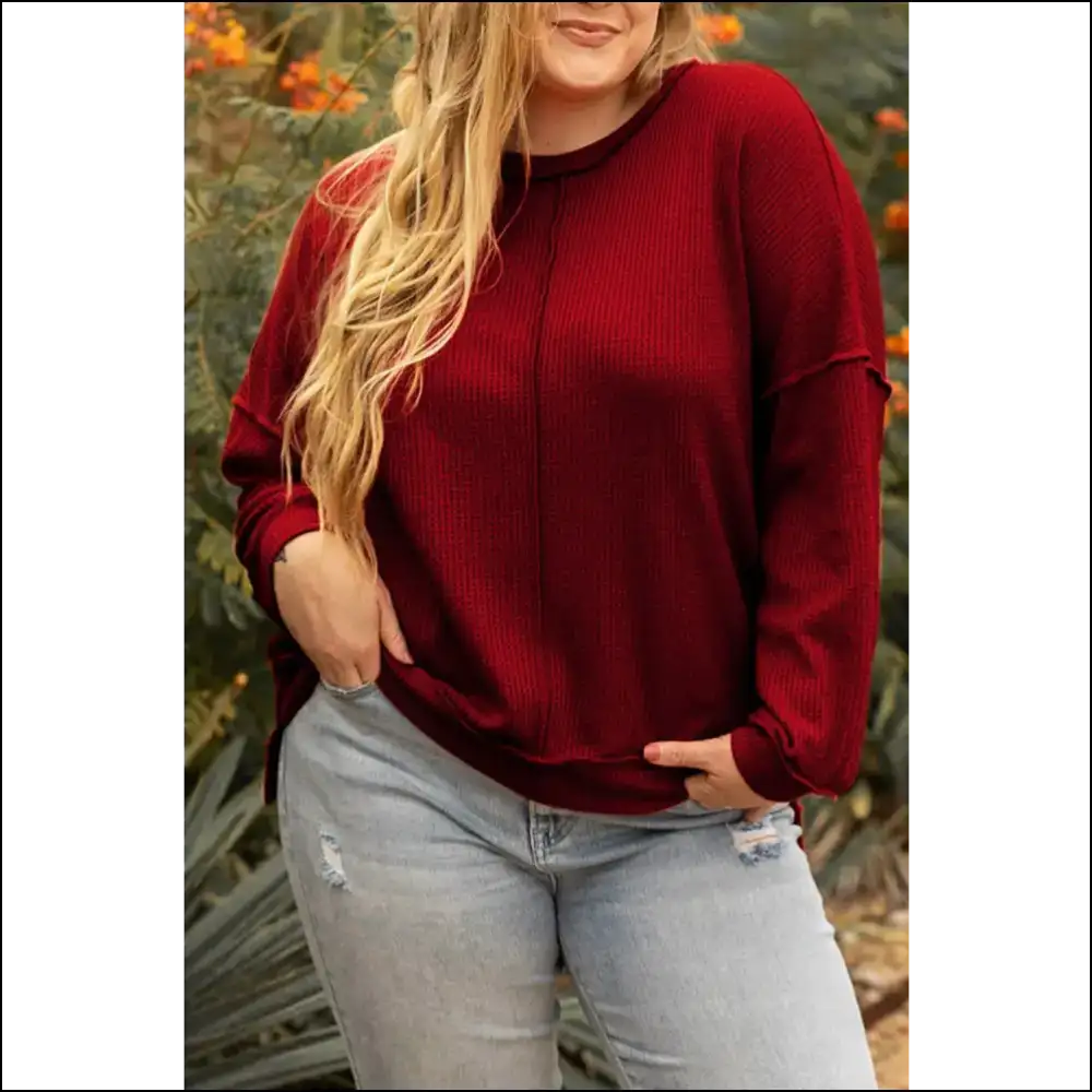 Chic Plus Size Exposed Seam Wfle-knit High-low Sweatshirt - Sweatshirts & Hoodies
