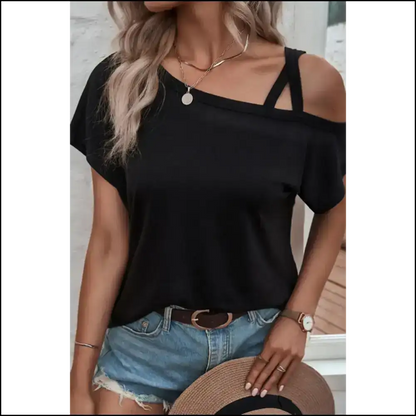 Needful Things: Black Asymmetric Criss Cross Cold Shoulder Tee - so Hot 🔥 - t Shirts