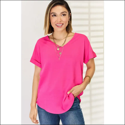 Zenana V-neck Rolled Short Sleeve T-shirt - Hot Pink / l - t Shirts