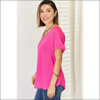 Zenana V-neck Rolled Short Sleeve T-shirt - t Shirts
