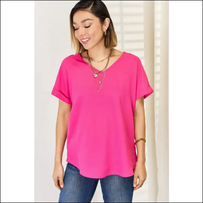 Zenana V-neck Rolled Short Sleeve T-shirt - t Shirts