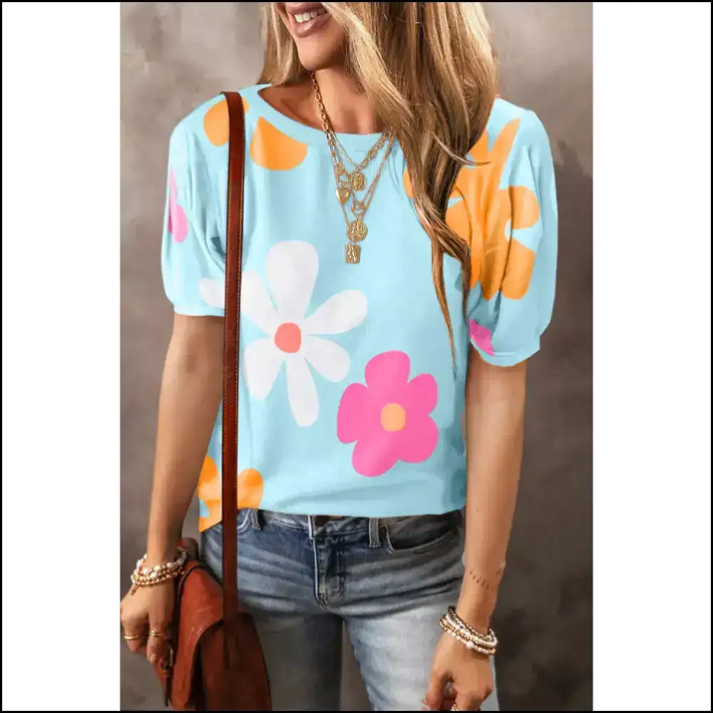Sky Blue Floral Print Bubble Sleeve Tee: Needful Things Approved! 💀 - Pink / s - t Shirts