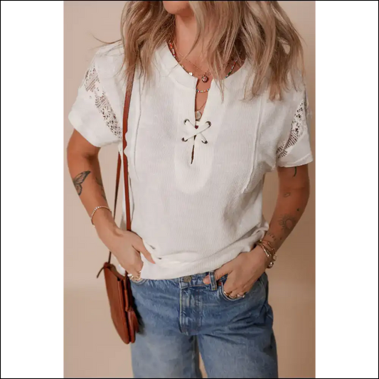 Chic White Ribbed Lace Top with Knot Detail - s - t Shirts