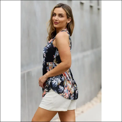 Be Stage Full Size Floral Halter Top - Black Elegance - Tank Tops