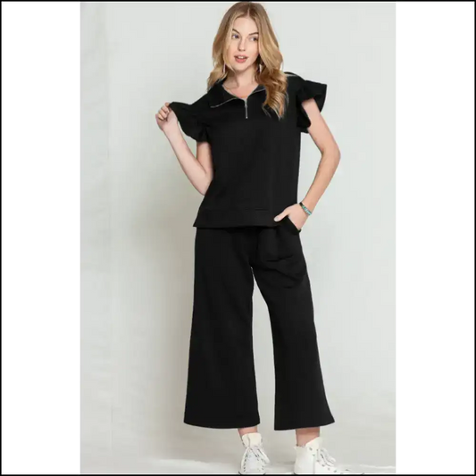 Black Textured Ruffle Pants Set: so Comfy It’s! 🖤 Needful Things / s Two Piece Sets