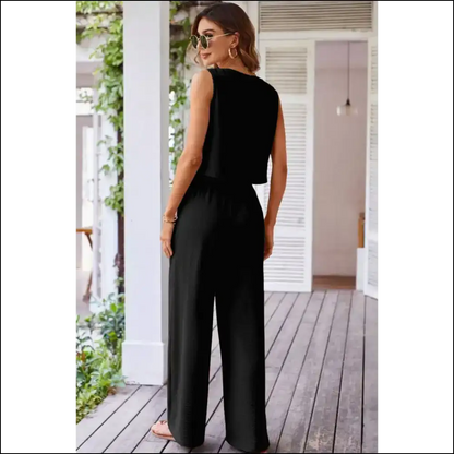 Chic Black Buttoned Vest & Wide Leg Pants Set - Two Piece Sets