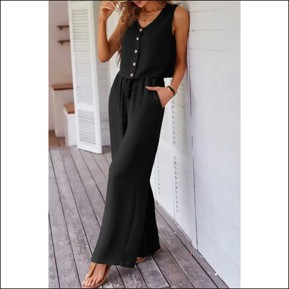 Chic Black Buttoned Vest & Wide Leg Pants Set - s - Two Piece Sets
