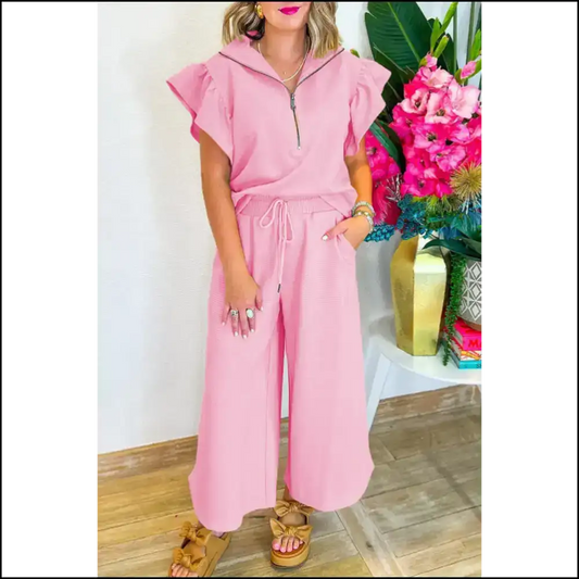 Ruffle Sleeve Zipped Pants Set: Wide Leg Good! 🍑 Needful Things Pink / s Two Piece Sets