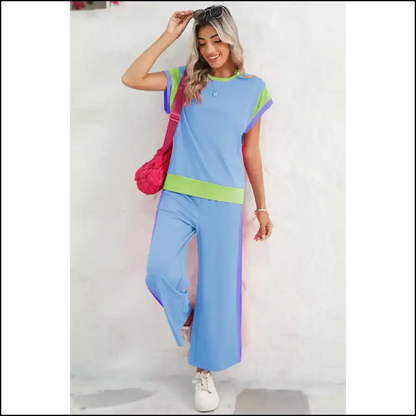 Sky Blue Colorblock Pants Set: Dangerously Comfy 💙 Needful Things Two Piece Sets