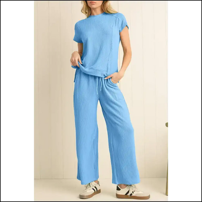 Solid Corded t Shirt & Wide Leg Pants Set: Feeling Fabulous one at a Time Needful Things 💨👖 Two Piece Sets