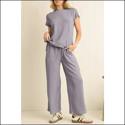 Solid Corded t Shirt & Wide Leg Pants Set: Feeling Fabulous one at a Time Needful Things 💨👖 Light Grey / s Two Piece Sets