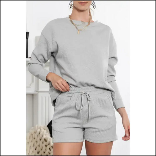 Chic Gray Textured: Netflix & Chill Outfit / s Two Piece Shorts Sets