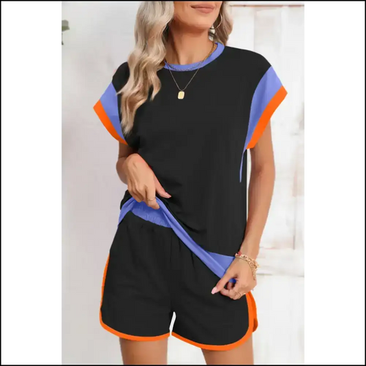 Black Color Block Shorts Set: Elastic Waist Zero Effort 😎 Needful Things / s Two Piece Sets