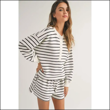 Striped Henley Pullover: Needful Things Gorgeous Set 🖤🤍 - Two Piece Shorts Sets