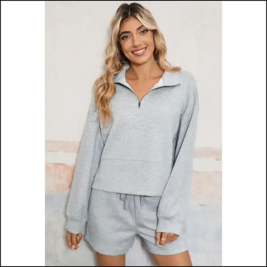 Light Grey Shorts Set: Quarter-zip Fab! 🔥 Needful Things - s - Two Piece Sets
