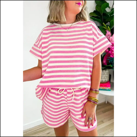 Rose Stripe Crew Neck Set: Needful Things Runway-ready Drawstring Shorts 🌹💀 - s - Two Piece Sets