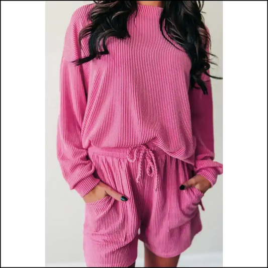 Strawberry Pink Ribbed Shorts Set: Loungewear 🍓 Needful Things - s - Two Piece Sets