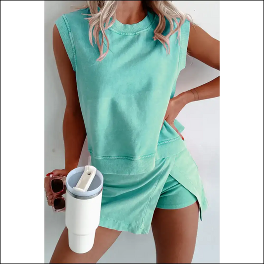 Mint Green Mineral Wash Sleeveless Top & Split Skirt Set - s - Two Piece Sets